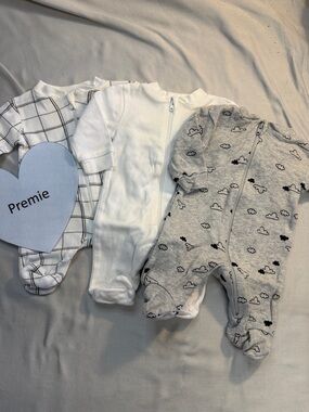 George - set of 3 premie Footies/Footed sleepers - Grey, White, and Checkered